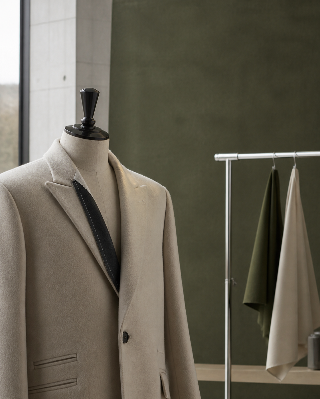 A cream coat on a tailor's mannequin
