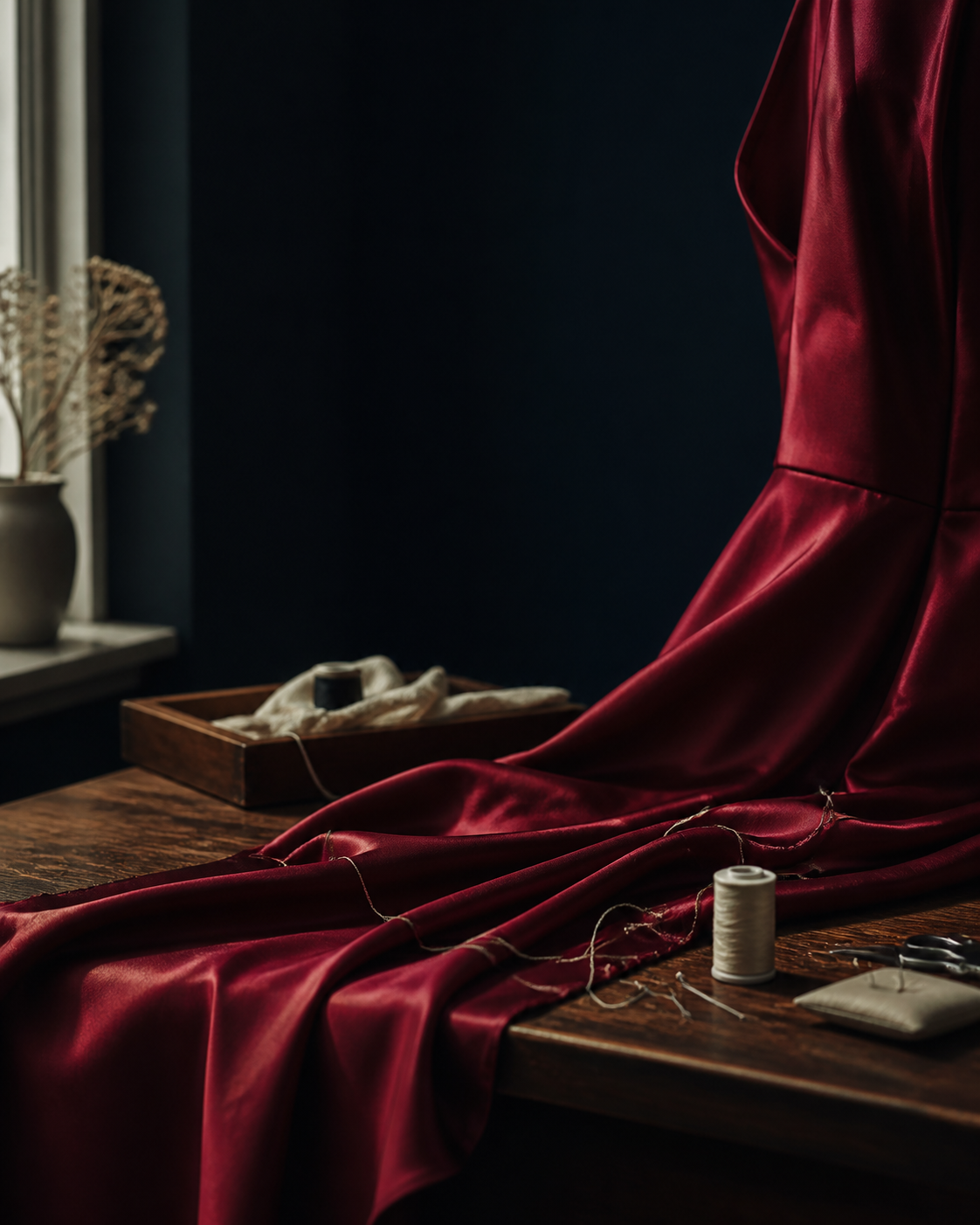 Burgundy silk draped in a tailoring studio