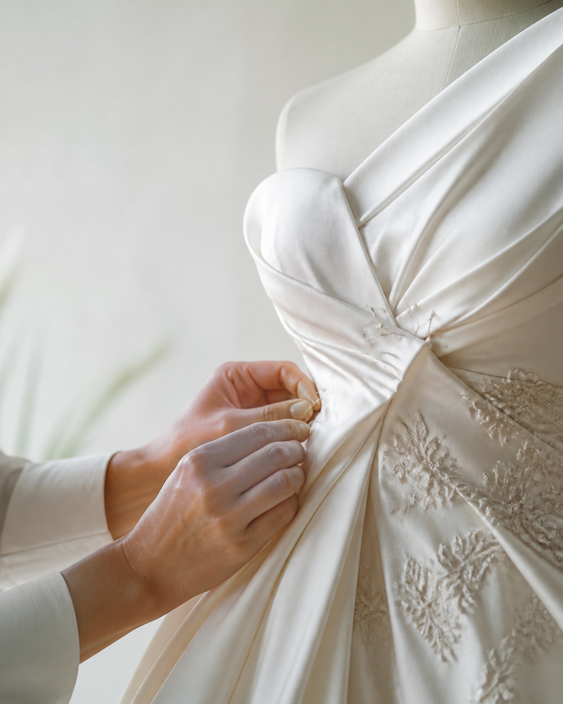 A wedding dress being carefully altered