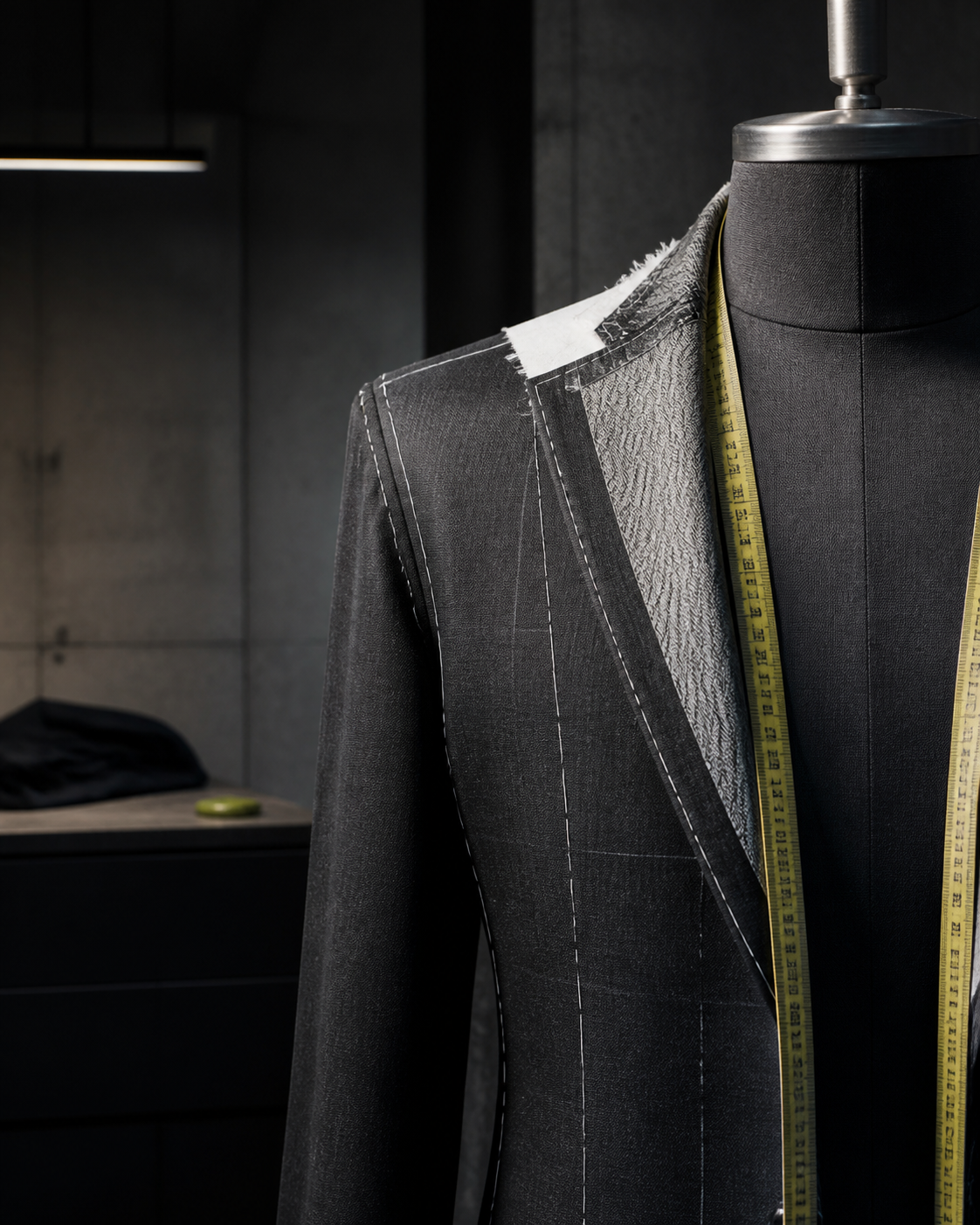 A charcoal suit jacket on a tailoring form
